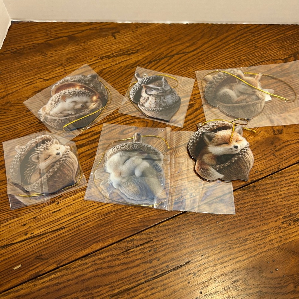 6pc Woodland Animal Christmas Ornaments Sleeping Fox Owl Hedgehog‎ Acrylic Set